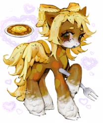 Size: 1702x2048 | Tagged: safe, artist:p0nyplanet, imported from derpibooru, oc, oc only, pegasus, pony, abstract background, bow, curry, feathered fetlocks, female, food, fork, hair bow, mare, omurice, solo, unshorn fetlocks