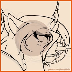 Size: 2000x2000 | Tagged: safe, artist:avery-valentine, imported from derpibooru, queen chrysalis, changeling, changeling queen, drool, female, horn, mare, monochrome, patreon, patreon reward, solo, suggestive eating, tongue out