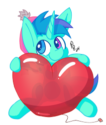 Size: 1571x1842 | Tagged: safe, artist:ponballoon, imported from derpibooru, oc, oc only, oc:sleepy whistles, pony, unicorn, balloon, cute, happy, heart, heart balloon, heterochromia, horn, hug, looking at you, male, shiny, simple background, solo, squeezing, transparent background