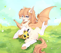 Size: 2293x2000 | Tagged: safe, anonymous editor, artist:spoosha, edit, imported from derpibooru, oc, oc:honey milk, bat pony, bee, butterfly, insect, pony, chest fluff, featureless crotch, female, grass, hairclip, mare, minecraft, minecraft bee, solo, spread legs, spreading, underhoof, unshorn fetlocks