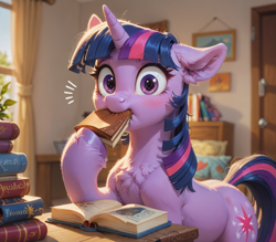 Size: 1024x896 | Tagged: safe, imported from derpibooru, twilight sparkle, unicorn, ai content, ai generated, anonymous prompter, bibliovore, blushing, book, chest fluff, drapes, ear fluff, eating, emanata, female, generator:pony diffusion v6 xl, generator:stable diffusion, i can explain, indoors, looking at you, mare, object vore, shitposting, solo, unicorn twilight, window