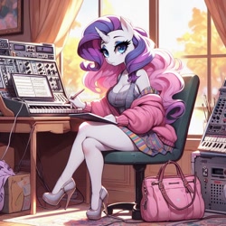 Size: 1024x1024 | Tagged: safe, imported from derpibooru, rarity, anthro, unicorn, adorasexy, ai content, ai generated, autumn, bag, big breasts, breasts, busty rarity, chair, cleavage, clothes, composing, crossed legs, cute, female, frown, handbag, high heels, horn, jacket, keyboard, looking at you, monitor, musical instrument, no tail, office chair, pen, prompter:horselover fat, purse, sexy, shoes, sitting, solo, synthesizer, table, window, writing