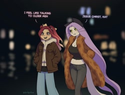 Size: 2048x1556 | Tagged: safe, artist:katputze, imported from derpibooru, oc, oc:crimson sunset, oc:icy (katputze), anthro, cat, unicorn, belly button, big breasts, blush lines, blushing, breasts, city, cleavage, clothes, coat, dialogue, drunk, duo, duo female, female, furry, furry oc, hand in pocket, horn, huge breasts, jacket, mare, midriff, night, non-mlp oc