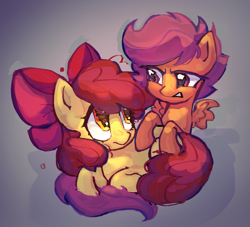 Size: 726x659 | Tagged: safe, artist:krabling, imported from derpibooru, apple bloom, scootaloo, earth pony, pegasus, pony, apple bloom's bow, bow, duo, duo female, female, filly, foal, gradient background, hair bow, looking at each other, looking at someone, lying down, prone, shadow, spread wings, wings