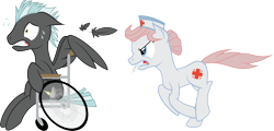 Size: 7885x3798 | Tagged: safe, artist:justablankflank, imported from derpibooru, nurse redheart, thunderlane, earth pony, pegasus, pony, absurd resolution, duo, duo male and female, feather, female, gritted teeth, hat, male, mare, mouth hold, nervous, newbie artist training grounds, running, simple background, stallion, sweat, syringe, teeth, transparent background, wheelchair