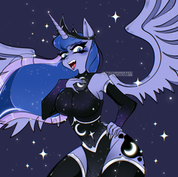Size: 3142x3124 | Tagged: safe, artist:ottabysystem, imported from derpibooru, princess luna, alicorn, anthro, breasts, busty princess luna, hand on chest, high res, open mouth, spread wings, wings