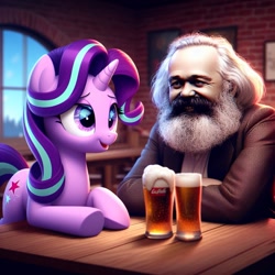 Size: 1024x1024 | Tagged: safe, imported from derpibooru, starlight glimmer, human, pony, unicorn, ai content, ai generated, alcohol, bar, beer, coca-cola, drink, female, generator:copilot, generator:dall-e 3, horn, indoors, karl marx, looking at each other, looking at someone, mare, sitting, wrong cutie mark