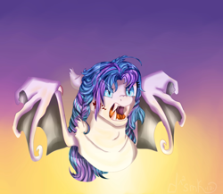 Size: 2322x2018 | Tagged: safe, artist:deadsmoke, imported from derpibooru, oc, oc only, oc:agness, bat pony, blood, commission, fangs, gradient background, hissing, solo, spread wings, sunset, wings, ych result