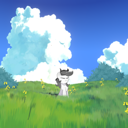 Size: 2000x2000 | Tagged: safe, artist:morningbullet, imported from derpibooru, oc, oc only, earth pony, pony, cloud, eyes closed, female, field, grass, grass field, meadow, outdoors, solo