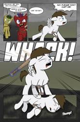 Size: 2024x3074 | Tagged: safe, artist:bruinsbrony216, imported from derpibooru, oc, oc only, earth pony, pegasus, pony, unicorn, comic:fallout equestria: grounded, fallout equestria, baseball bat, comic, horn, unconscious