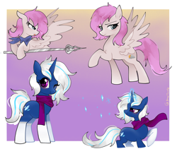 Size: 5231x4409 | Tagged: safe, artist:petaltwinkle, imported from derpibooru, oc, oc only, oc:snowy smarty, oc:violet dawn, pegasus, unicorn, abstract background, clothes, cutie mark, duo, duo female, female, gradient background, horn, looking at you, magic, one eye closed, scarf, snow, snowflake, socks, spear, tail, weapon, wings, wink, winking at you