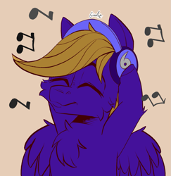 Size: 923x950 | Tagged: safe, artist:cozziesart, imported from derpibooru, oc, oc only, oc:wing front, pegasus, brown mane, chest fluff, eyes closed, jamming out, male, music notes, pegasus oc, playing music, purple coat, simple background, solo, wings