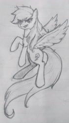 Size: 2231x3967 | Tagged: safe, artist:37240622, imported from derpibooru, rainbow dash, pegasus, pony, female, flying, frown, lined paper, mare, pencil drawing, smiling, solo, traditional art