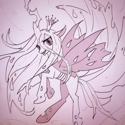 Size: 2254x2254 | Tagged: safe, artist:37240622, imported from derpibooru, queen chrysalis, changeling, changeling queen, female, photo, picture of a screen, pink background, simple background, sketch, solo