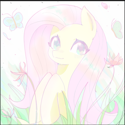 Size: 1141x1144 | Tagged: safe, artist:37240622, imported from derpibooru, fluttershy, butterfly, pegasus, pony, cute, female, flower, grass, mare, shyabetes, smiling, solo
