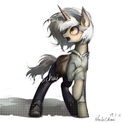Size: 809x810 | Tagged: safe, artist:unclechai, imported from derpibooru, oc, oc only, oc:xin yamei, pony, unicorn, female, horn, raised hoof, shadow, simple background, solo, standing, turned head, white background