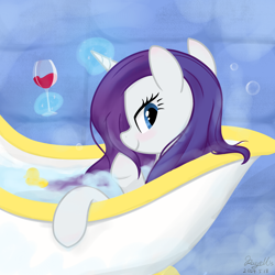 Size: 2048x2048 | Tagged: safe, artist:rayelli, imported from derpibooru, rarity, pony, unicorn, alcohol, bathtub, blushing, cute, female, horn, looking at you, magic, mare, show accurate, solo, telekinesis, water, wine