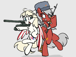 Size: 1024x768 | Tagged: safe, artist:brella, imported from derpibooru, pony, duo, gun, history, nation ponies, politics, ponified, soviet union, tank (vehicle), united states, weapon