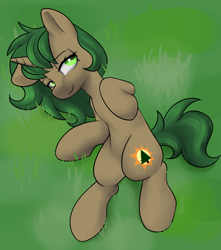 Size: 2566x2903 | Tagged: safe, artist:dumbwoofer, imported from derpibooru, oc, oc only, oc:pine shine, pony, unicorn, female, grass, horn, lidded eyes, looking at you, lying down, mare, on back, prone, smiling, smiling at you, solo