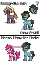 Size: 660x1033 | Tagged: safe, edit, imported from derpibooru, pinkie pie, oc, oc:mozzarella swirl, oc:tony ravioli, earth pony, pony, unicorn, pony town, beret, chef's hat, facial hair, female, glasses, hat, horn, male, mare, moustache, question mark, simple background, stallion, transparent background