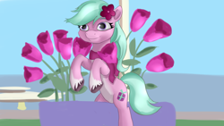 Size: 1920x1080 | Tagged: safe, artist:jbond, imported from derpibooru, earth pony, pony, coat markings, colored hooves, dahlia, female, flower, flower in hair, g5, mare, maretime bay, outdoors, pale belly, socks (coat markings), solo, unshorn fetlocks