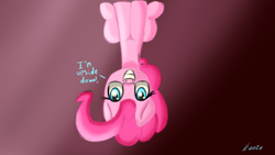 Size: 1920x1080 | Tagged: safe, artist:kenzie, imported from derpibooru, pinkie pie, earth pony, pony, female, gradient background, happy, looking at you, mare, paint tool sai, pinkie being pinkie, signature, simple shading, sitting, smiling, smiling at you, solo, speech, talking, text, upside down