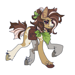 Size: 850x850 | Tagged: safe, artist:cutesykill, imported from derpibooru, oc, oc only, earth pony, pony, bag, bandana, big ears, brown coat, brown eyes, brown hooves, brown mane, brown tail, coat markings, colored eartips, colored hooves, colored muzzle, colored sclera, commission, earth pony oc, eyeshadow, facial markings, green sclera, lidded eyes, long legs, makeup, multicolored mane, multicolored tail, narrowed eyes, neckerchief, no catchlights, nose piercing, oc name needed, piercing, pinto, ponytail, raised hoof, raised leg, saddle bag, septum piercing, short tail, simple background, slit pupils, smiling, snip (coat marking), spiky mane, spiky tail, tail, tied mane, two toned coat, unshorn fetlocks, white background