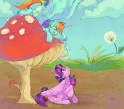 Size: 1700x1500 | Tagged: safe, artist:abbytabbys, imported from derpibooru, rainbow dash, twilight sparkle, alicorn, pegasus, pony, blue coat, blue hooves, cloud, colored hooves, cute, dandelion, dashabetes, day, detailed background, dialogue, dirt, duo, duo female, eye clipping through hair, eyelashes, female, folded wings, giggling, grass, horn, imminent prank, large wings, laughing, long mane, long tail, looking at each other, looking at someone, looking up, mare, multicolored hair, multicolored mane, multicolored tail, mushroom, open mouth, outdoors, pink eyes, prank, profile, purple eyes, purple hooves, rainbow hair, rainbow tail, raised hooves, shiny mane, shiny tail, sitting, sky, smiling, smiling at someone, spread wings, tail, text, tiny, tiny ponies, twiabetes, twilight sparkle (alicorn), unicorn horn, unshorn fetlocks, wing fluff, wings