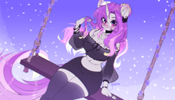 Size: 3500x2000 | Tagged: safe, artist:yuozka, imported from derpibooru, oc, oc:dainty dove, anthro, unicorn, belly button, blushing, bracelet, clothes, ear piercing, earring, female, hair bun, horn, jewelry, looking at you, mare, nail polish, necklace, piercing, pretty, ring, skirt, socks, swing, thigh highs, unicorn oc