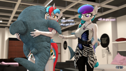 Size: 1920x1080 | Tagged: safe, artist:anthroponiessfm, imported from derpibooru, oc, oc:audina puzzle, oc:aurora starling, anthro, earth pony, shark, unicorn, 3d, anthro oc, blåhaj, female, glasses, horn, ikea, looking at someone, plushie, shark plushie, source filmmaker, text, unicorn oc