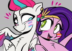 Size: 1754x1240 | Tagged: safe, artist:jully-park, imported from derpibooru, pipp petals, zipp storm, pegasus, pony, duo, duo male and female, family, female, g5, gray background, lesbian pride flag, looking at each other, looking at someone, male, pride, pride flag, siblings, simple background, smiling, trans male, trans zipp, transgender, transgender pride flag