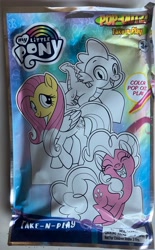 Size: 2493x4026 | Tagged: safe, imported from derpibooru, fluttershy, pinkie pie, spike, dragon, earth pony, pegasus, baby, baby dragon, bag, cardboard cutout, colored, female, irl, mare, marker, marker drawing, merchandise, monochrome, my little pony logo, package, photo, traditional art