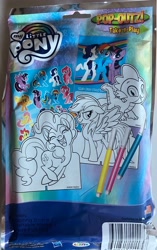 Size: 2480x3940 | Tagged: safe, imported from derpibooru, applejack, fluttershy, pinkie pie, rainbow dash, rarity, spike, twilight sparkle, bag, barcode, cardboard cutout, colored, irl, mane six, marker, marker drawing, merchandise, monochrome, my little pony logo, package, photo, sticker pack, traditional art