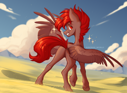 Size: 3400x2500 | Tagged: safe, artist:avroras_world, imported from derpibooru, oc, oc only, oc:hardy, alicorn, pony, butt, cloud, full body, grass, high res, hoof heart, looking at you, male, nature, plot, rear view, sky, smiling, smiling at you, solo, sparkles, spread wings, stallion, underhoof, wings