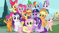 Size: 1436x808 | Tagged: safe, artist:dilemmas4u, artist:phucknuckl, artist:thatguy1945, edit, imported from derpibooru, apple bloom, applejack, cozy glow, fluttershy, pinkie pie, rainbow dash, rarity, scootaloo, spike, starlight glimmer, sunset shimmer, sweetie belle, twilight sparkle, alicorn, dragon, earth pony, pegasus, pony, unicorn, a better ending for cozy, alternate mane seven, bipedal, crossed arms, cutie mark crusaders, female, filly, foal, group photo, horn, male, mane eight, mane nine, mane seven, mane six, mare, ponyville, twilight sparkle (alicorn)