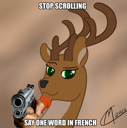 Size: 2177x2187 | Tagged: safe, artist:maître cervidé, imported from derpibooru, oc, oc:renn, deer, gun, male, meme, signature, solo, text, weapon