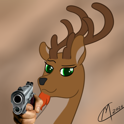 Size: 2177x2187 | Tagged: safe, artist:maître cervidé, imported from derpibooru, oc, oc:renn, deer, gun, male, meme, signature, solo, weapon