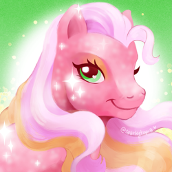 Size: 1779x1779 | Tagged: safe, artist:sparkytopia, imported from derpibooru, earth pony, pony, bust, closed mouth, digital art, digital painting, divine shine, female, g3, glitter, looking at you, mare, portrait, secret wish, signature, smiling, solo, sparkles