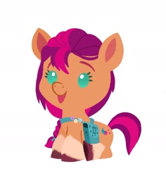 Size: 1339x1421 | Tagged: safe, artist:allisonpopick, imported from derpibooru, sunny starscout, earth pony, pony, bag, chibi, female, g5, mare, simple background, sitting, smiling, solo, unshorn fetlocks, white background