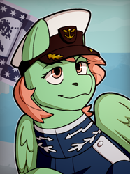 Size: 1040x1400 | Tagged: safe, artist:bunnyshrubby, imported from derpibooru, oc, oc only, oc:aurora gale, pegasus, pony, equestria at war mod, bust, cap, clothes, flag, hat, mare in the moon, moon, ocean, portrait, solo, stars, water