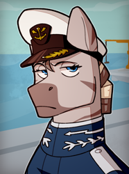 Size: 1040x1400 | Tagged: safe, artist:bunnyshrubby, imported from derpibooru, oc, oc only, oc:lakana pandeha, zebra, equestria at war mod, bust, cap, clothes, crane, hat, ocean, portrait, solo, water