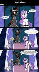 Size: 1920x3516 | Tagged: safe, artist:platinumdrop, imported from derpibooru, derpy hooves, king sombra, princess flurry heart, alicorn, pegasus, pony, unicorn, comic:dark heart, 3 panel comic, abuse, alternate timeline, armor, avoiding eye contact, bound wings, chains, collar, comic, commission, crystal, crystal castle, crystal empire, dark crystal, derpybuse, dialogue, disdain, evil flurry heart, eyebrows, female, flurry heart is amused, flurrybra, folded wings, horn, husband and wife, indoors, looking at each other, looking at someone, looking away, looking down, male, mare, older, older derpy hooves, older flurry heart, raised eyebrow, sad, shipping, slave, slave collar, smiling, smug, smug smile, speech bubble, spiked collar, spiked wristband, stallion, straight, throne, throne room, victorious villain, wall of tags, wing cuffs, wings, wristband