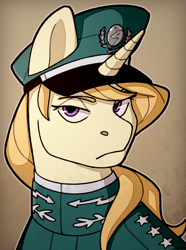 Size: 1040x1400 | Tagged: safe, artist:bunnyshrubby, imported from derpibooru, oc, oc only, oc:dead air, pony, unicorn, equestria at war mod, bust, cap, clothes, hat, horn, portrait, solo
