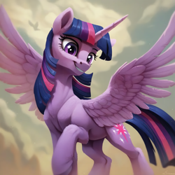 Size: 2048x2048 | Tagged: safe, imported from derpibooru, twilight sparkle, alicorn, pony, ai content, ai generated, cloud, generator:pony diffusion v6 xl, generator:purplesmart.ai, generator:stable diffusion, prompter:krivovyaz, sky background, smiling, smug, spread wings, twilight sparkle (alicorn), wings