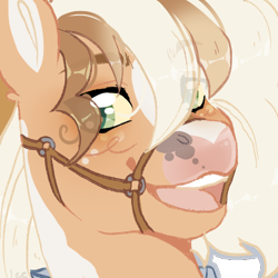 Size: 500x500 | Tagged: safe, artist:lonecrystalcat, imported from derpibooru, oc, pony, art trade, bridle, bust, commission, commissions open, eye clipping through hair, eyebrows, eyebrows visible through hair, open mouth, open smile, portrait, smiling, tack, trade