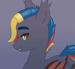 Size: 1000x930 | Tagged: safe, artist:renabu, imported from derpibooru, oc, oc only, oc:dreaming dusk, bat pony, animated, bat pony oc, bat wings, bust, cutie mark, fangs, male, multicolored hair, portrait, slit pupils, smiling, talking, talking to viewer, windswept mane, wings, yellow eyes