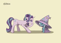 Size: 2052x1465 | Tagged: safe, artist:zblue, imported from derpibooru, starlight glimmer, trixie, pony, unicorn, annoyed, clothes, duo, duo female, female, giggling, hat, horn, mare, oversized clothes, oversized hat, simple background, size difference, yellow background