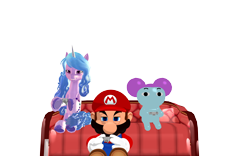 Size: 1920x1200 | Tagged: safe, artist:puzzlshield2, imported from derpibooru, izzy moonbow, pony, unicorn, 3d, 3d render, come and learn with pibby!, controller, couch, crossover, g5, horn, mario, mmd, my little pony: a new generation, my little pony: make your mark, nintendo 64, pibby, playing, png, render, simple background, sitting, smg4, super mario bros., transparent background, video game