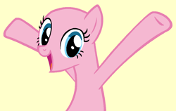 Size: 938x594 | Tagged: artist needed, source needed, safe, artist:ameliagirls53, imported from twibooru, earth pony, pony, friendship is magic, season 1, arms in the air, bald, base, bipedal, female, hands in the air, image, mare, png, simple background, solo, talking, tan background