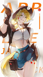 Size: 2160x3840 | Tagged: safe, artist:shenjudongmandabanban, imported from derpibooru, applejack, human, abstract background, belly button, clothes, female, grin, humanized, midriff, shorts, smiling, solo, solo female